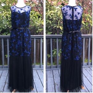 Candalite Floral Embroidered Black Blue Lace Mesh Mermaid Evening Dress, size L